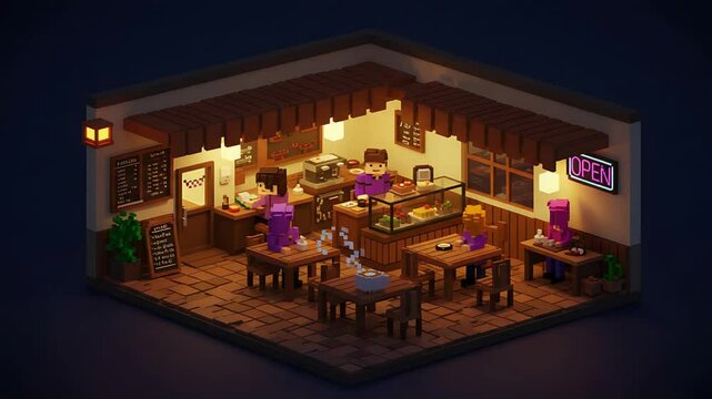 Isometric pixel art cafe scene with blocky characters and warm lighting
