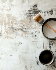 A realistic wallpaper adhesive mockup with a brush, placed on a table