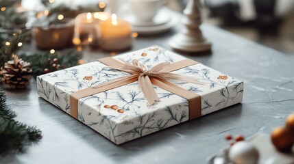 A realistic gift wrapping mat mockup with a branded design, placed on a table