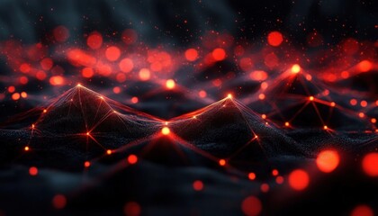 Abstract digital landscape with glowing red nodes and connecting lines forming a network over dark terrain
