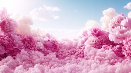 Fototapeta premium Dreamy pink clouds and fluffy flowers create a whimsical, surreal landscape under a bright blue sky.