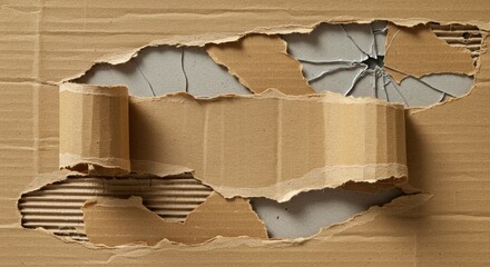 Torn Cardboard Texture with Ripped Edges and Broken Glass Hole Abstract Background