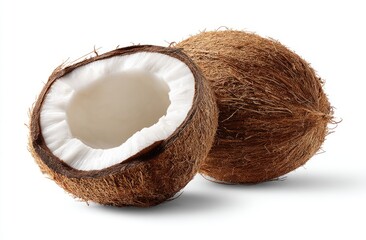 Two halves of fresh coconut.  A split coconut reveals the white flesh inside, sitting beside a whole coconut
