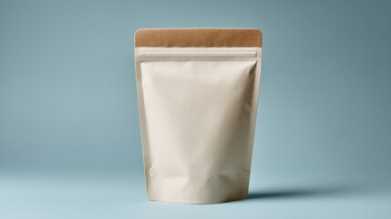 Minimalist beige stand-up pouch with resealable zipper for packaging food snacks or products isolated on a light blue background