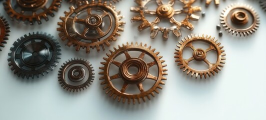 Close-up view of various metallic interconnected gears and cogwheels arranged on a smooth surface conveying precision and mechanical complexity