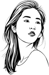 Asian Woman with Glossy Lips and Flowing Hair