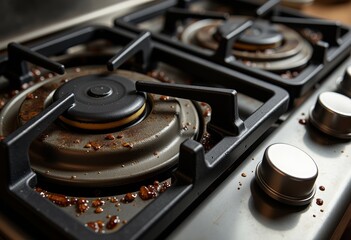 Gas stovetop with grease stains and residue from cooking  
