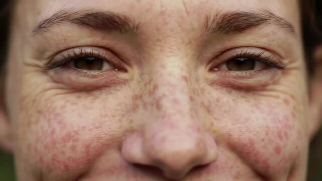 Uniqueness self acceptance happy smiling eyes freckles natural beauty positive emotion real skin close up portrait joyful authentic expression