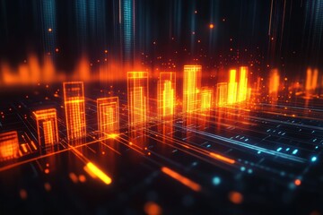 Glowing orange digital bar graph rising from a dark futuristic grid with blue and orange light trails, representing data visualization and technology advancement