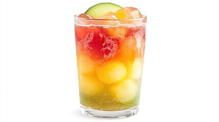 A tall glass filled with a layered, brightly colored drink. The bottom layer is green, the middle layer is yellow, and the top layer is red. Ice cubes and a slice of cucumber garnish the top