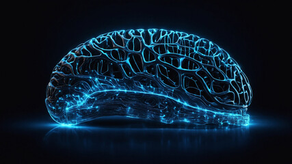 A glowing, abstract digital representation of a human brain, composed of luminous blue neural pathways and circuits.