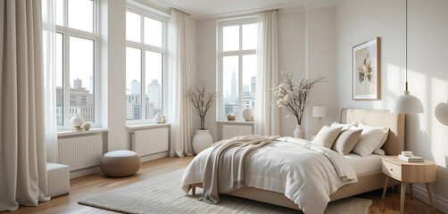 White Scandinavian bedroom with cozy textures and wood details.
Tall windows bring in soft daylight from the city view.