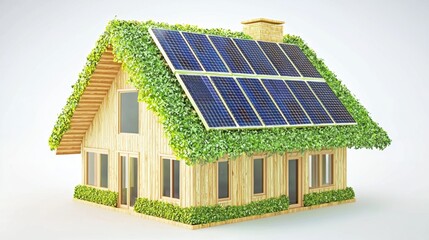 Eco friendly house with solar panels on roof and green foliage exterior environmentally sustainable architecture renewable energy concept