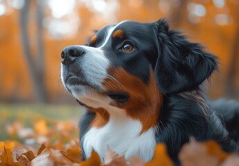 Thoughtful dog resting among autumn leaves.