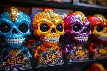 Colorful toy skull figures with large black eye sockets and wide toothy grins displayed on a shelf under bright lighting