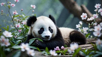 Fototapeta premium A baby panda nestled among delicate flowers