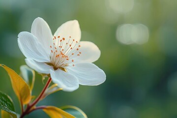 Obraz premium Close-up of a delicate white flower with orange stamens and green leaves against a soft blurred green background