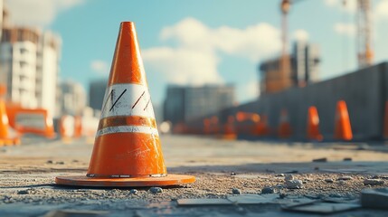 A mockup of a branded safety cone, placed on a construction area