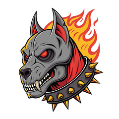 Render a demonic dog skull, fiery eyes blazing, adorned with a flaming collar.  High detail, dark fantasy art style.