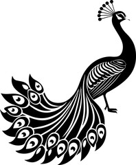 Peacock Silhouette, Elegant Minimalist Bird Vector in Black and White