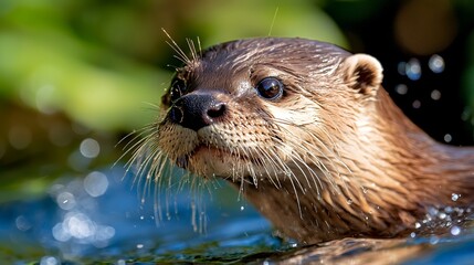 Fototapeta premium Otter Swimming in Water Portrait