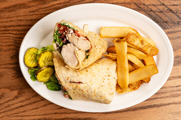 roasted chicken wrap with steak fries