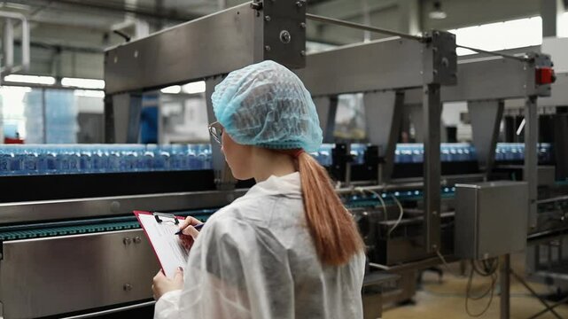 Female food technician wearing protective clothing and mask is checking plastic water bottles on production line in bottling factory, holding clipboard and inspecting products