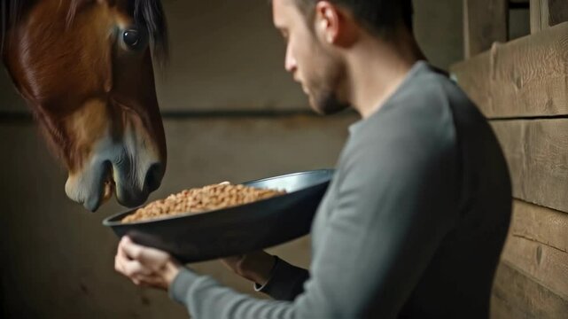 Man Feeding Horse Grain in Stable