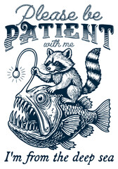 A raccoon is riding a large deep sea anglerfish. Retro Meme Vintage. Vintage style. © Sugarpalm