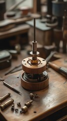 A mockup of a wooden bead drill with a precision tip, placed on a table
