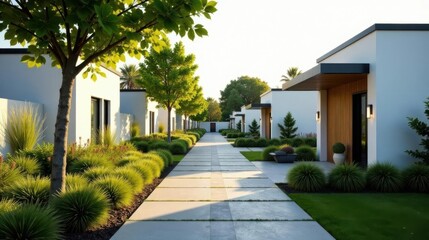 Obraz premium Serene Courtyard Pathway Modern Minimalist Architecture and Lush Landscaping Design