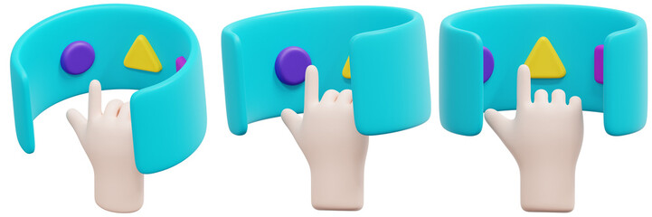 Set of Stylized 3D Hand Interacting with a Turquoise Virtual Reality Interface 3d Render Icon Illustration