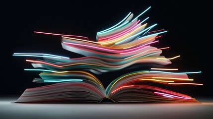 Book with vibrant, colorful, neon-like streams of light emanating from its pages