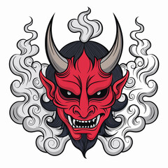 Render a detailed illustration of a demonic head, featuring sharp, curved horns, emanating smoke and fire.  Focus on intricate detail and a menacing expression.