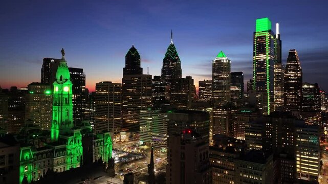 Sunset Skyline Downtown Philadelphia At Philadelphia In Pennsylvania United States. Highrise Buildings Landscape. Colorful Sunset. Philadelphia At Pennsylvania United States. 