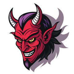 A demonic red head erupts from inky black shadows, horns prominent, fiery eyes gleaming.  Intense, dark fantasy art.