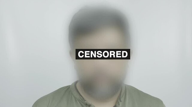 A closeup of a man with a Gaussian blur effect over his face and censored text beside him on a white background, symbolizing digital anonymity, identity protection, and communication restriction
