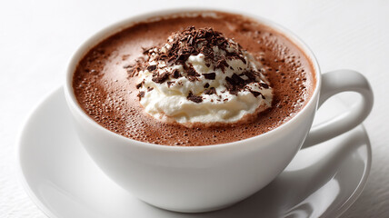 Obraz premium Close-Up of Hot Chocolate Coffee in White Background – Warm Beverage with Creamy Texture and Minimalist Presentation
