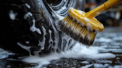 Close-up of a car being washed with a brush and soap in an outdoor setting under bright light