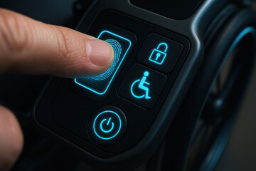 Obraz premium Futuristic wheelchair control panel with illuminated fingerprint scanner and accessibility buttons designed for easy and secure operation by users