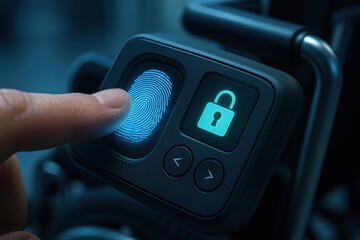 Futuristic fingerprint scanner on wheelchair control panel with glowing lock icon and navigation buttons for secure access and safety