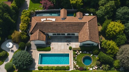 Aerial view of house with pool and lush garden