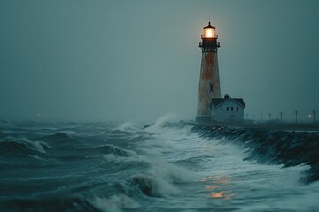 Lighthouse stands against a turbulent ocean
