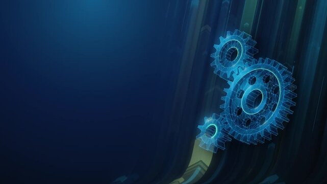 Low Poly Gears and Arrows Flying Upward Abstract Animation Loop. Engineering development and manufacturing industry economic growth animated seamless concept in wireframe mesh style with copy space
