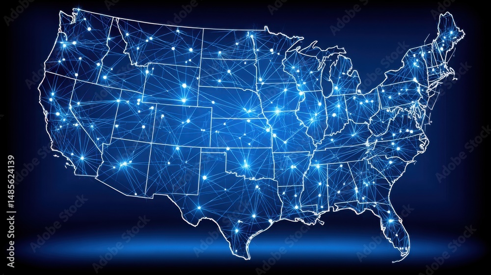 Wall mural the united states illustrated with a network of connected lines representing blockchain-enabled tax 