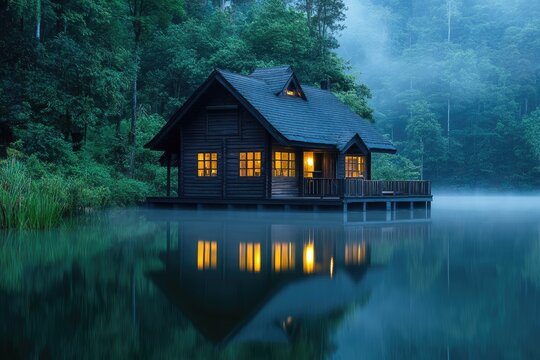 Rustic cabin on a misty lake at dawn.  Illuminated windows reflect in the still water, surrounded by lush forest