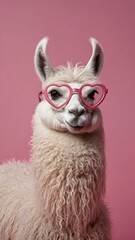 Obraz premium Fluffy White Llama Wearing Pink Heart-Shaped Glasses on Solid Pink Background