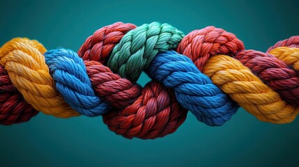 Close-up of a colorful intertwined rope knot with individual strands in orange, blue, red, and green on a teal background symbolizing unity and strength