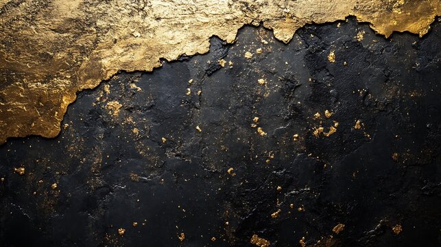 Textured contrast of opulent gold leaf and deep black stucco for abstract allure - Powered by Adobe