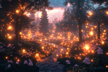 Obraz premium Glowing lights illuminate a forest scene.
